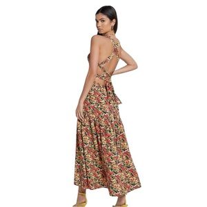 SHEIN Red Floral Lace Up‎ Tie Back Maxi Dress Medium